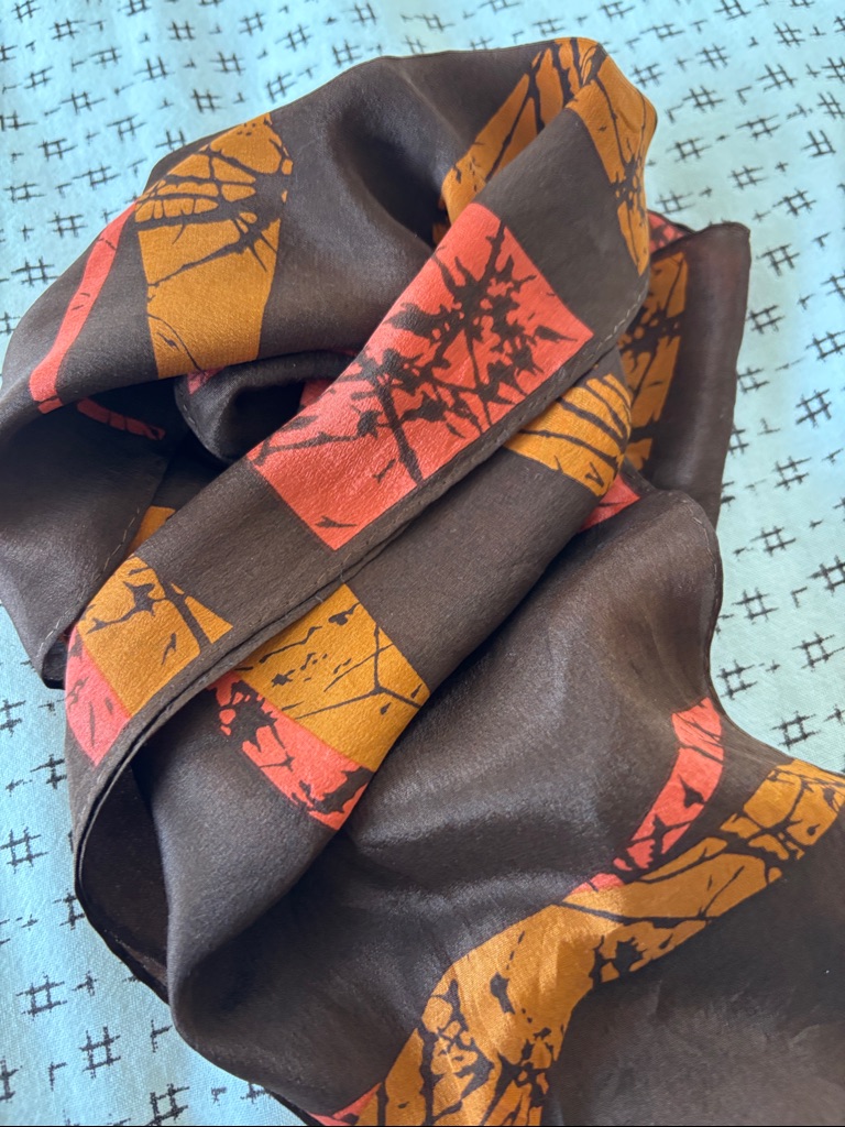 Vintage Honey Silk Scarf 52x19 Dark Brown WOrange Rose Rectangle